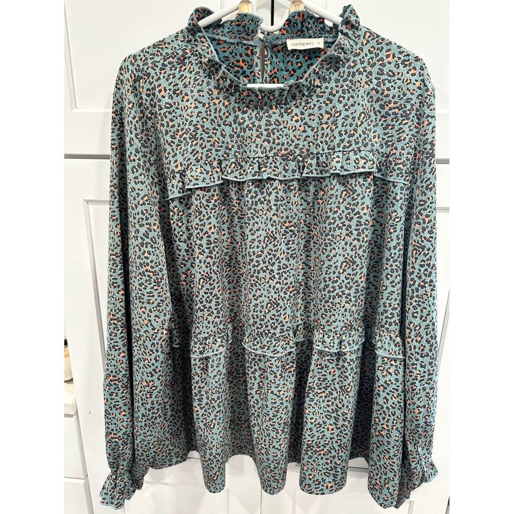 Women 3X Teal Leopard Print Ruffle Tiered Blouse Long Sleeve